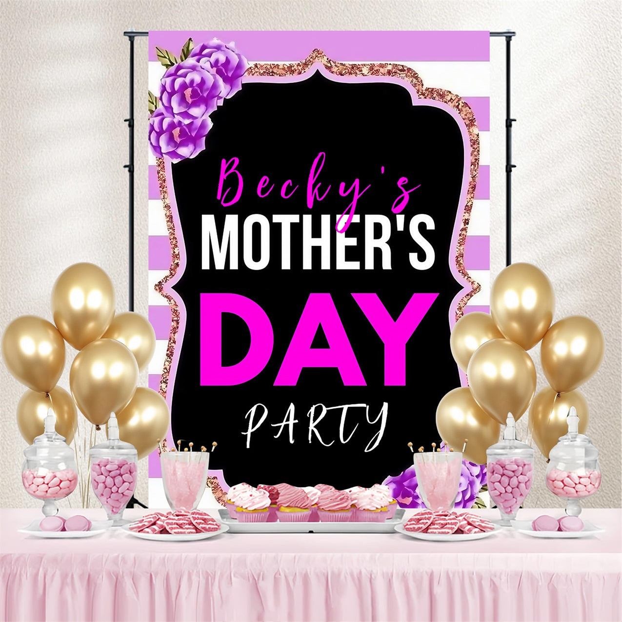 Mothers Day Photo Backdrop Ideas Floral Striped Glitter Personalised Backdrop MRR3-76