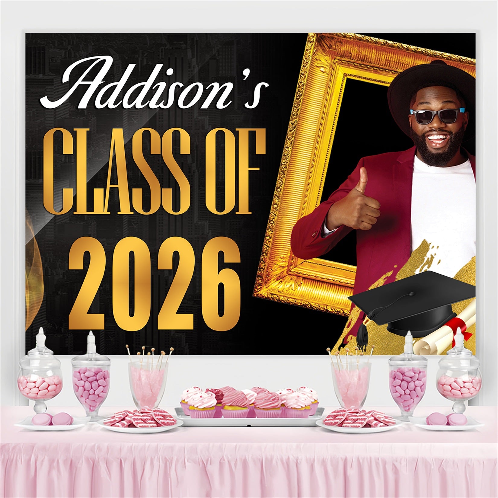 Custom Graduation Backdrops Black Gold Luxe Graduation Party Backdrop MRR4-18