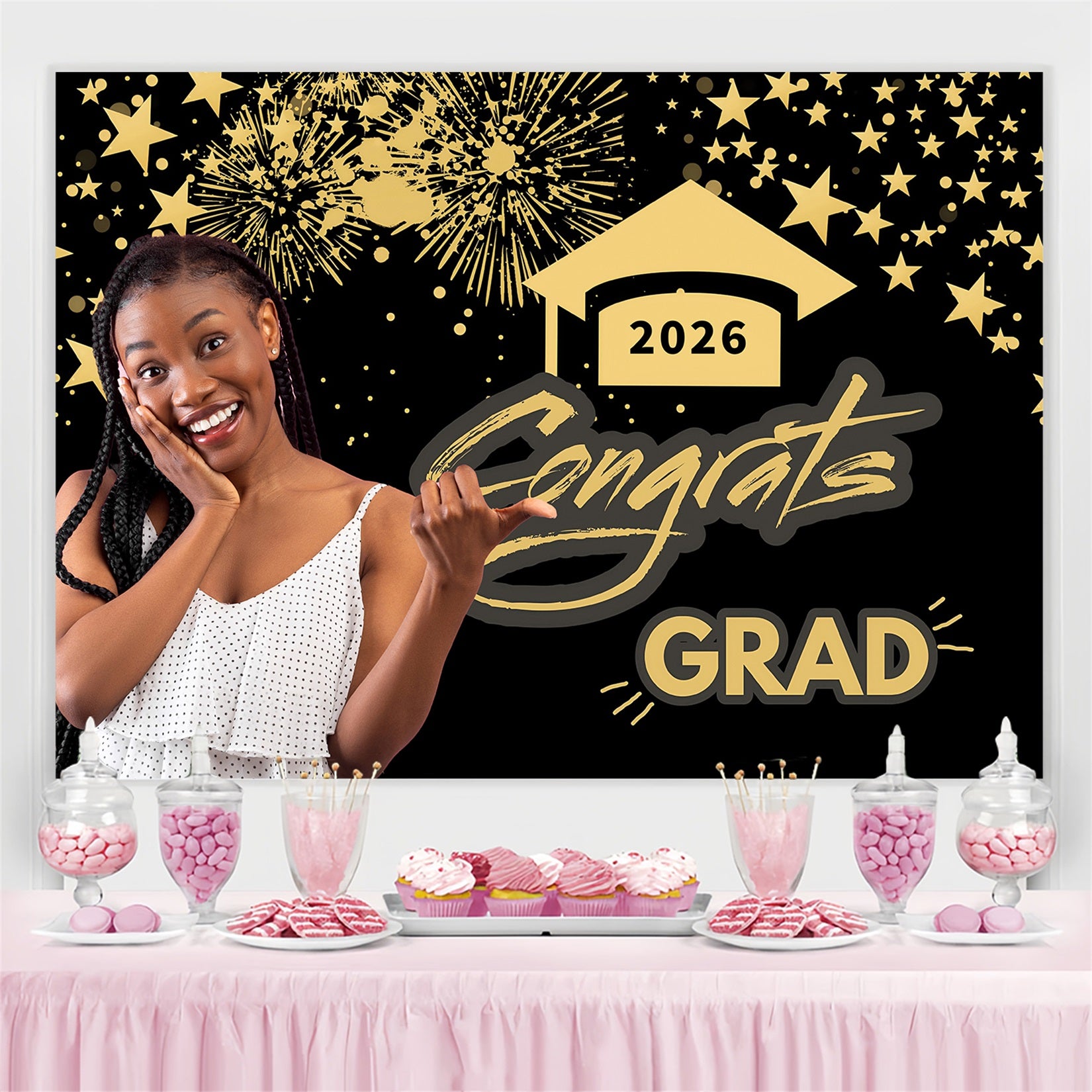 Customized Graduation Backdrop Gold Star Graduation Party Backdrop MRR4-2
