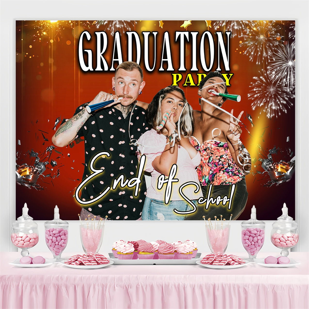 2025 Graduation Backdrop Bright Orange Fireworks Customized Party Graduation Backdrop MRR4-38