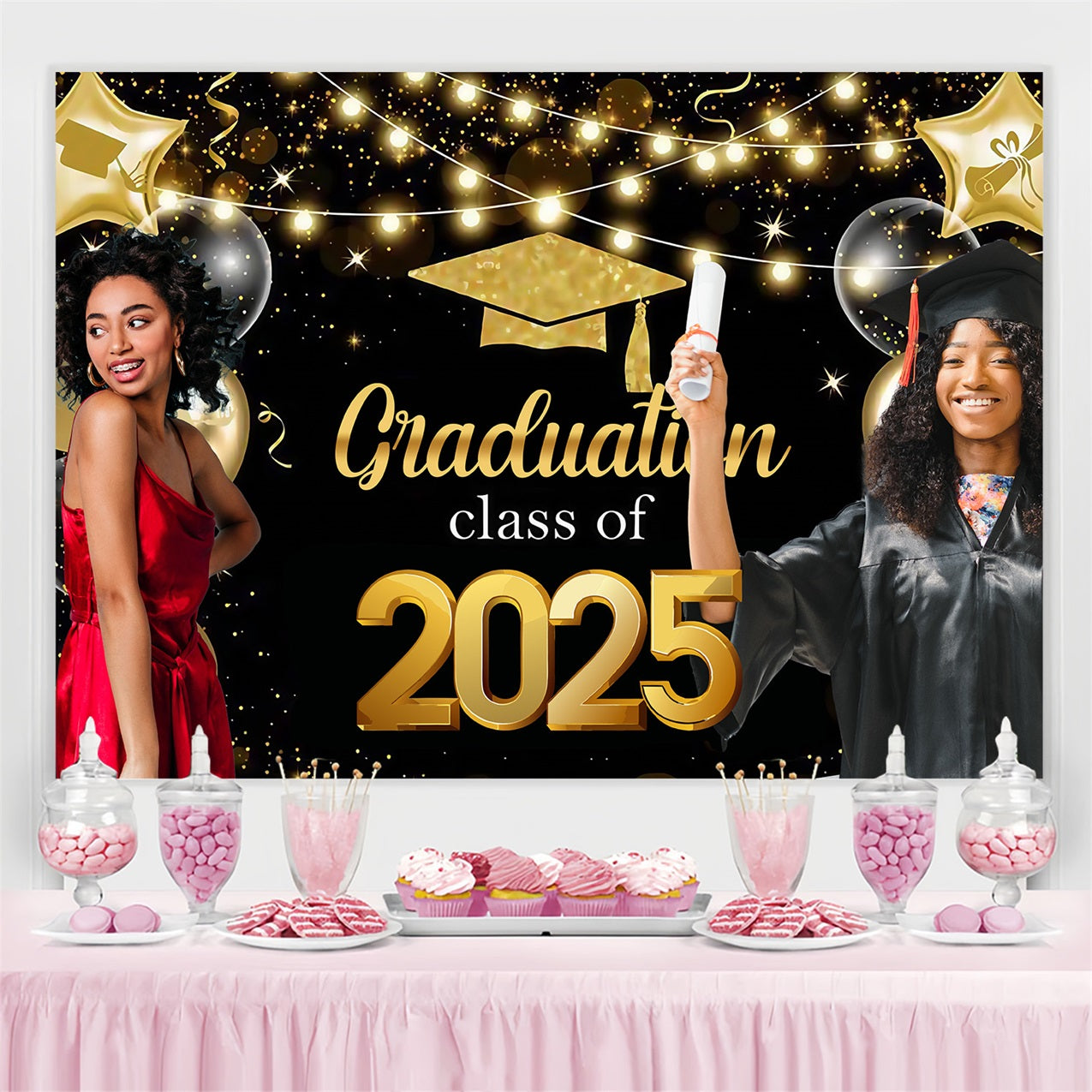 Graduation Picture Backdrop Golden Stars Lights Custom Party Graduation Backdrop MRR4-40
