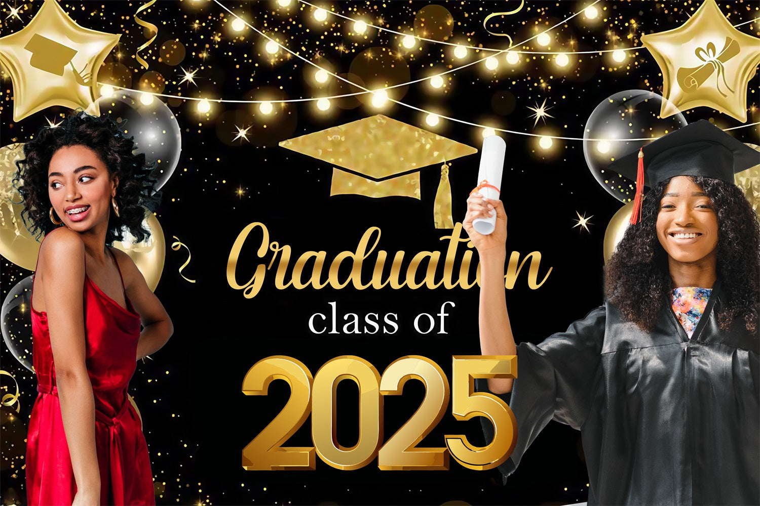 Graduation Picture Backdrop Golden Stars Lights Custom Party Graduation Backdrop MRR4-40