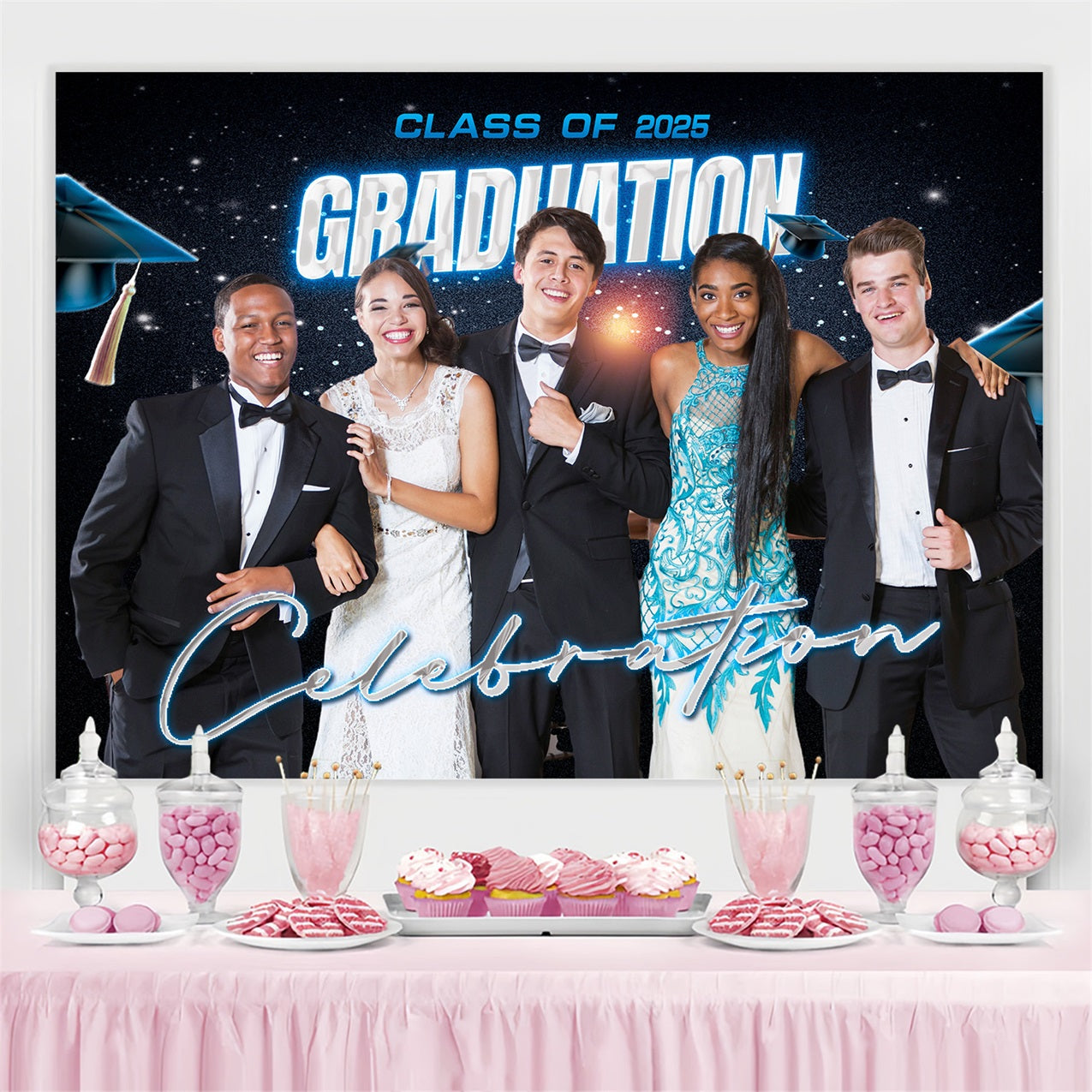 Blue Graduation Backdrop Twinkling Stars 2025 Personalised Party Graduation Backdrop MRR4-43