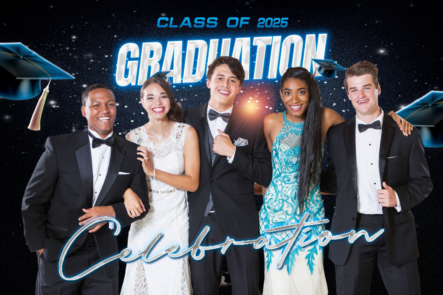 Blue Graduation Backdrop Twinkling Stars 2025 Personalised Party Graduation Backdrop MRR4-43