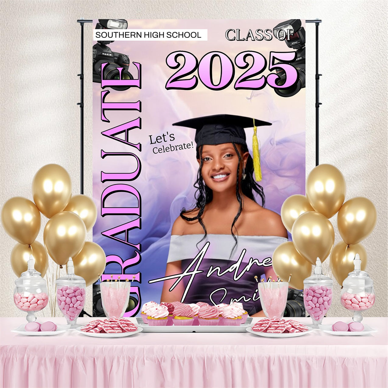 Graduation Photoshoot Backdrop Pastel Purple Cameras Customized Party Graduation Backdrop MRR4-46