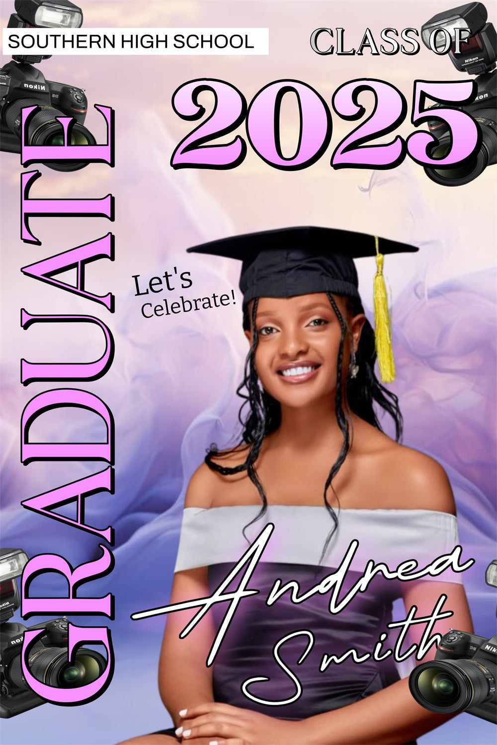Graduation Photoshoot Backdrop Pastel Purple Cameras Customized Party Graduation Backdrop MRR4-46