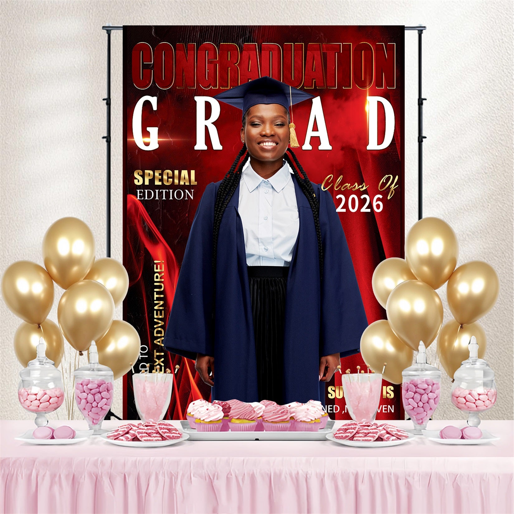Graduation Photo Backdrop Fire Red 2026 Personalized Party Graduation Backdrop MRR4-54