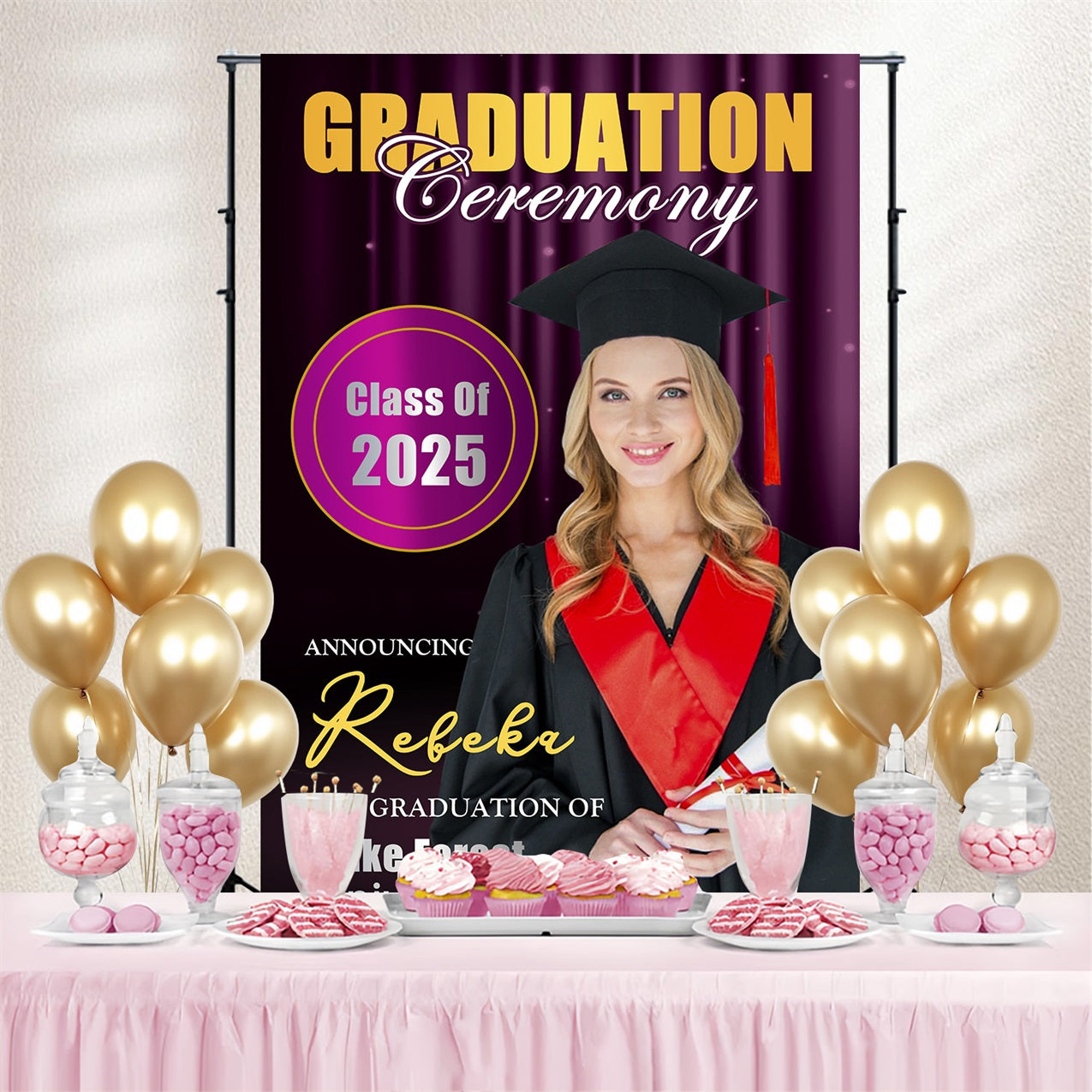 Graduation Backdrop Photoshoot Purple Lights Stage Customized Party Graduation Backdrop MRR4-55