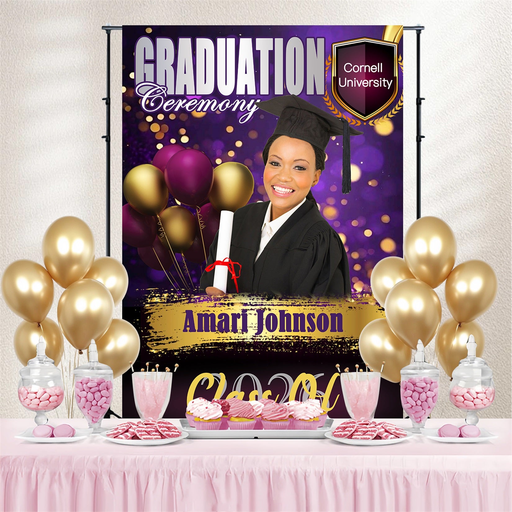 Graduation Backdrops Glamorous Purple Balloons Personalised Party Graduation Backdrop MRR4-56