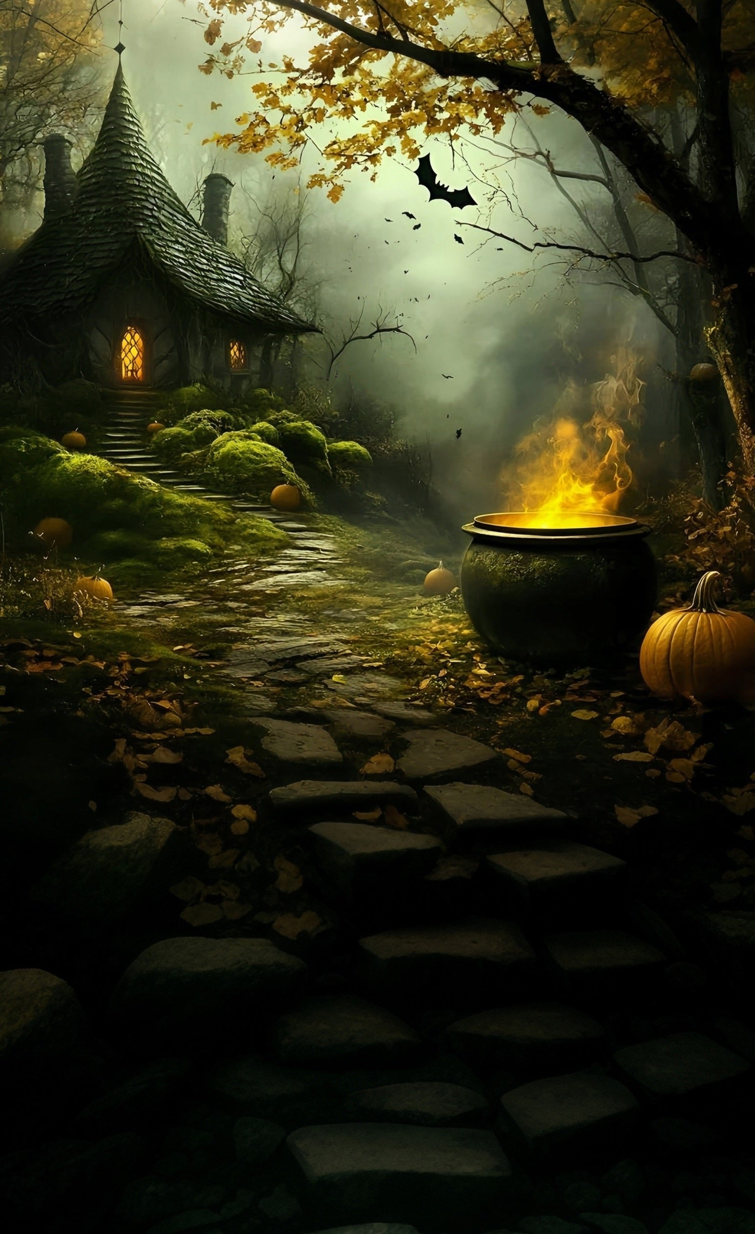 Halloween Backdrops Witch's Cottage Smoky Forest Enchanted Crucible Sweep Backdrop MRR8-47