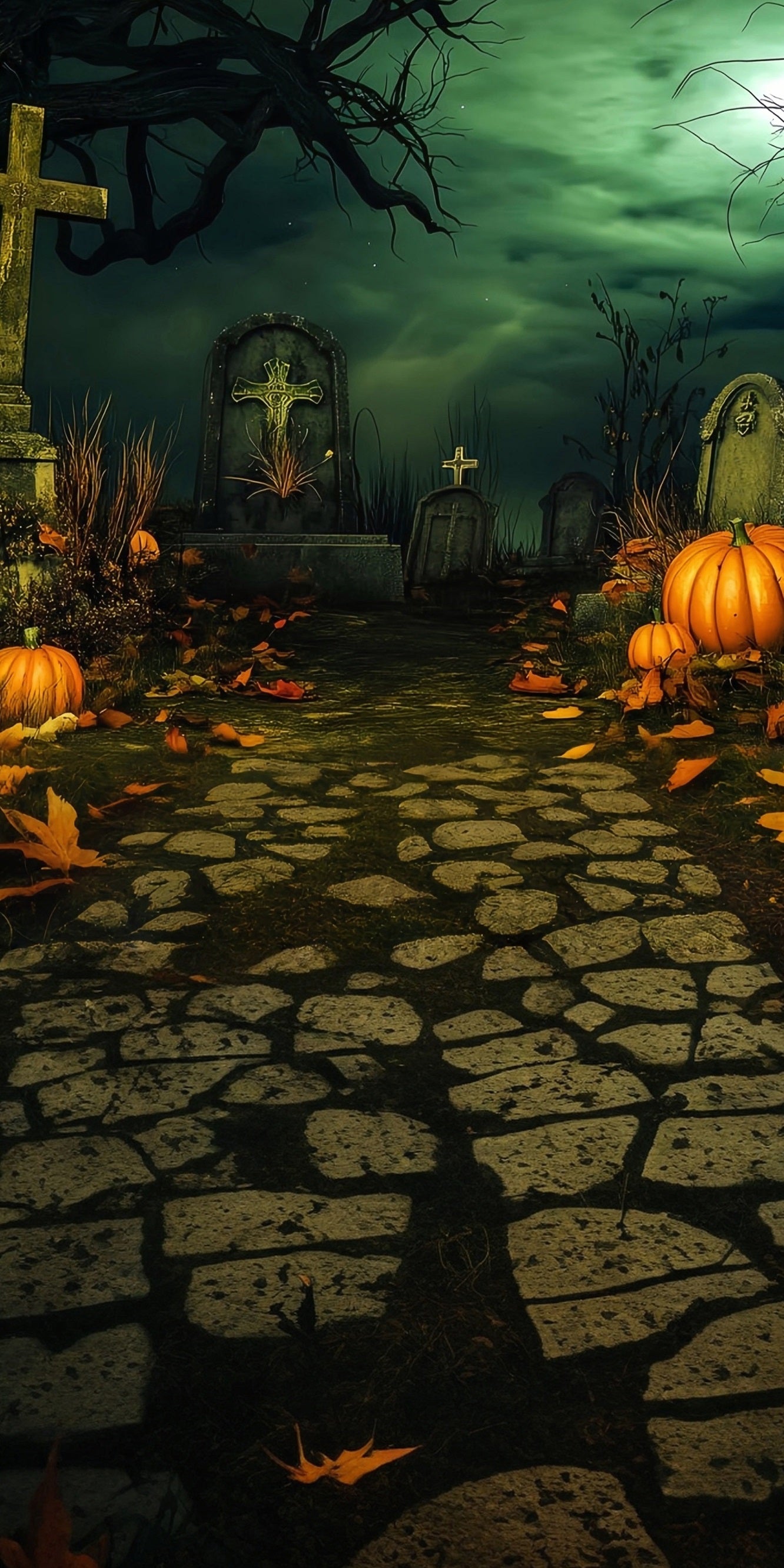 Halloween Graveyard Backdrop Vintage Cemetery at Night Sweep Backdrop MRR8-51