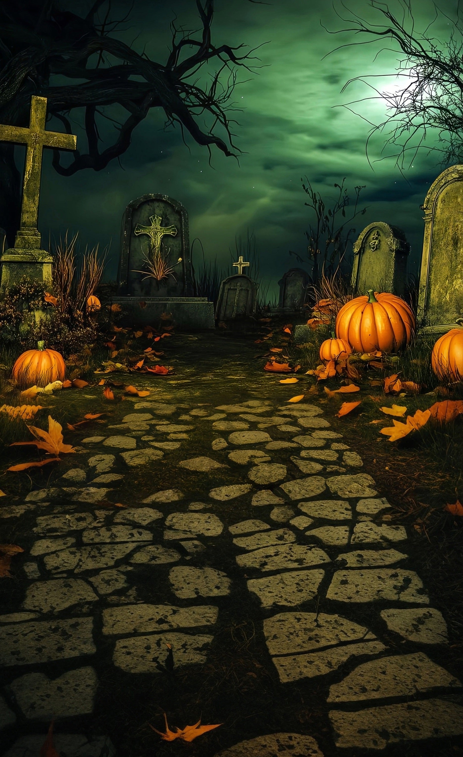 Halloween Graveyard Backdrop Vintage Cemetery at Night Sweep Backdrop MRR8-51