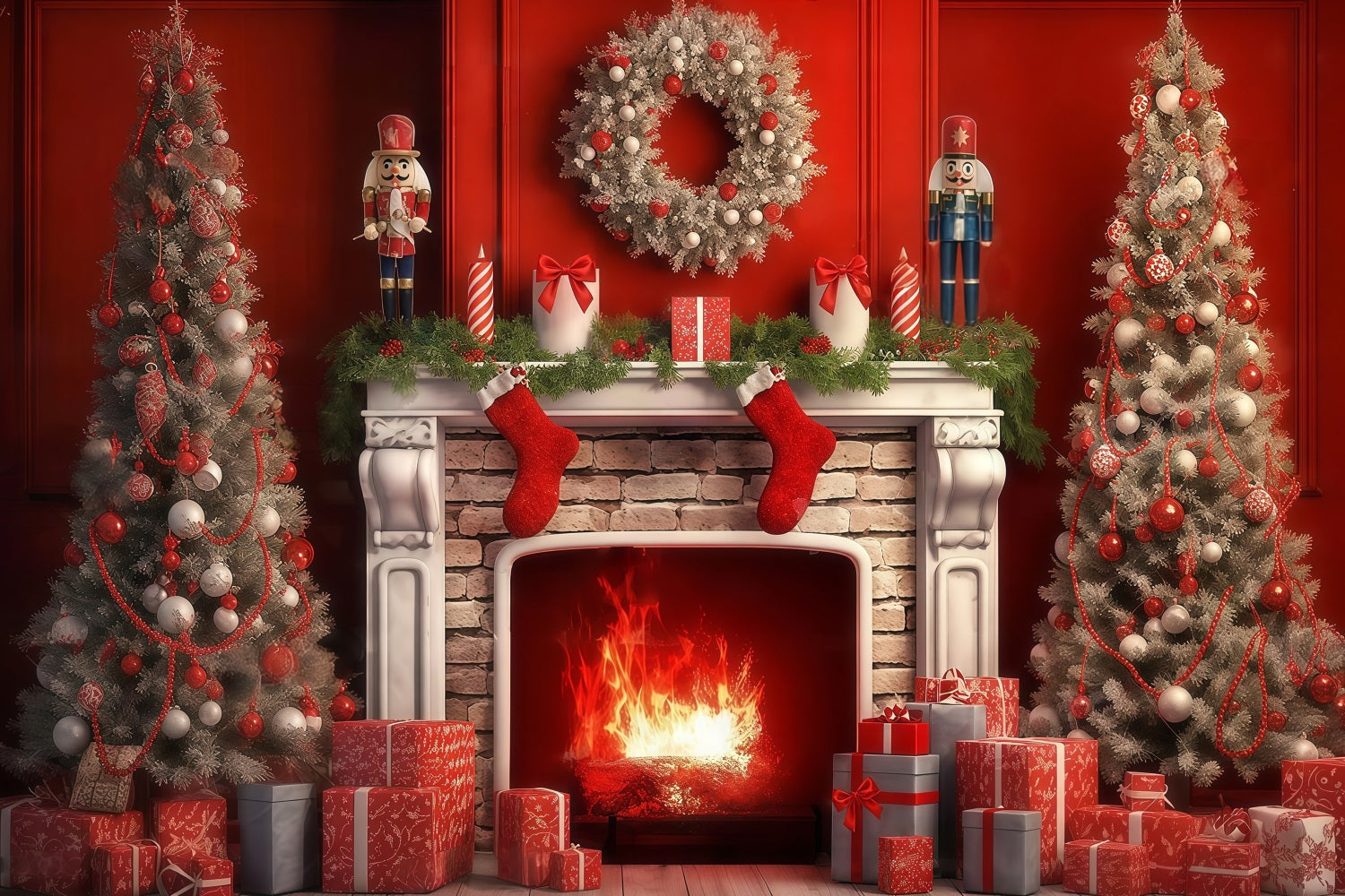 Nutcracker Backdrop Fireplace Red Vintage Wall Christmas Backdrop Ideas MRR9-69