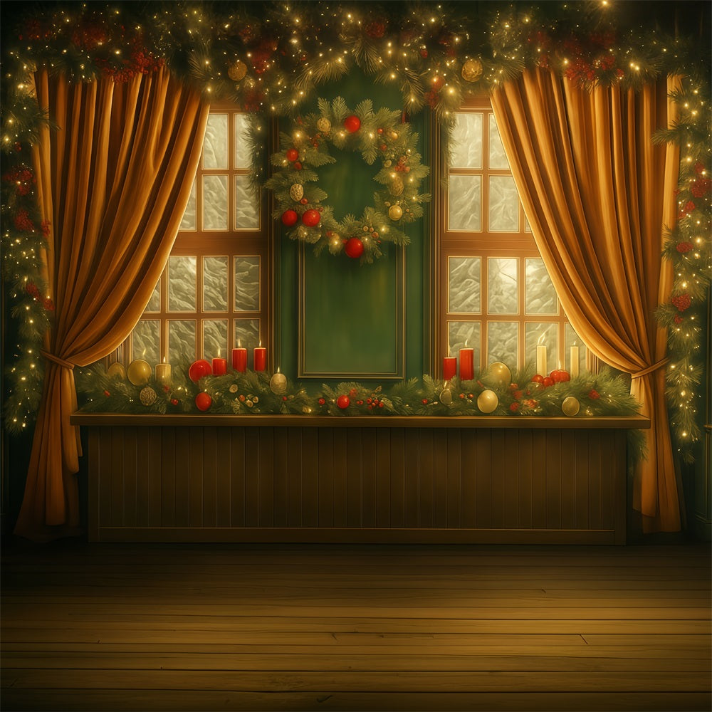 Christmas Backdrop Golden Curtain Window Christmas Photo Backdrops MRR9-93