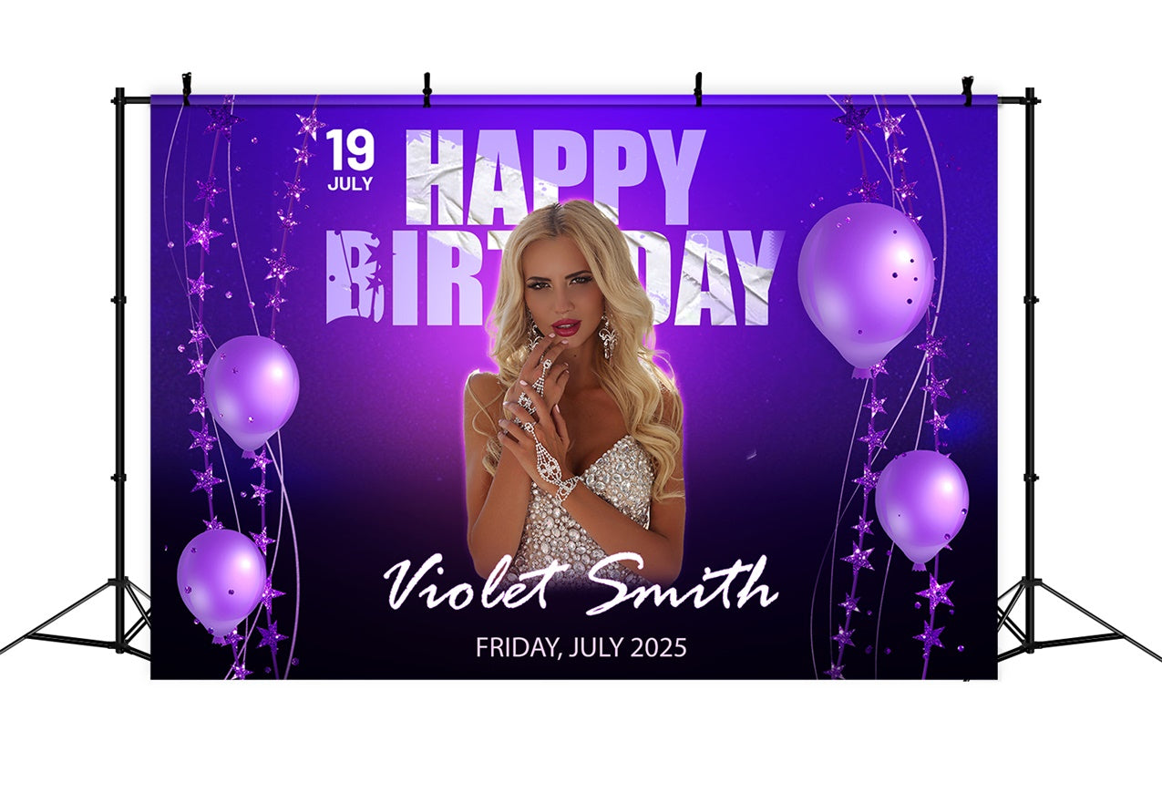 Personalized Backdrop For Birthday Sparkling Balloon Purple Backdrop RR1-84