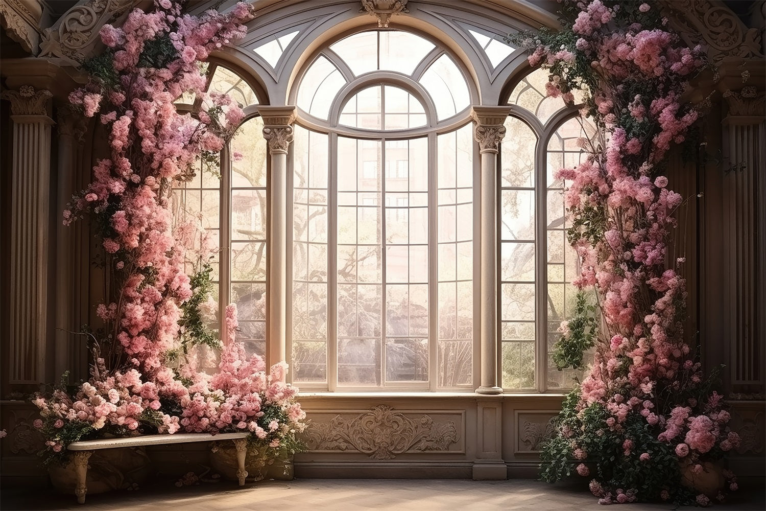 DBackdrop Pink Flowers Vintage Floor Window Cozy Scene Backdrop RR3-33