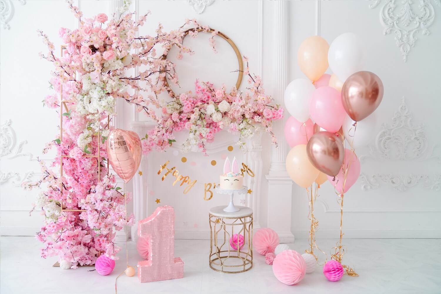 Pink Floral Backdrop for Baby 1st Birthday RR5-36