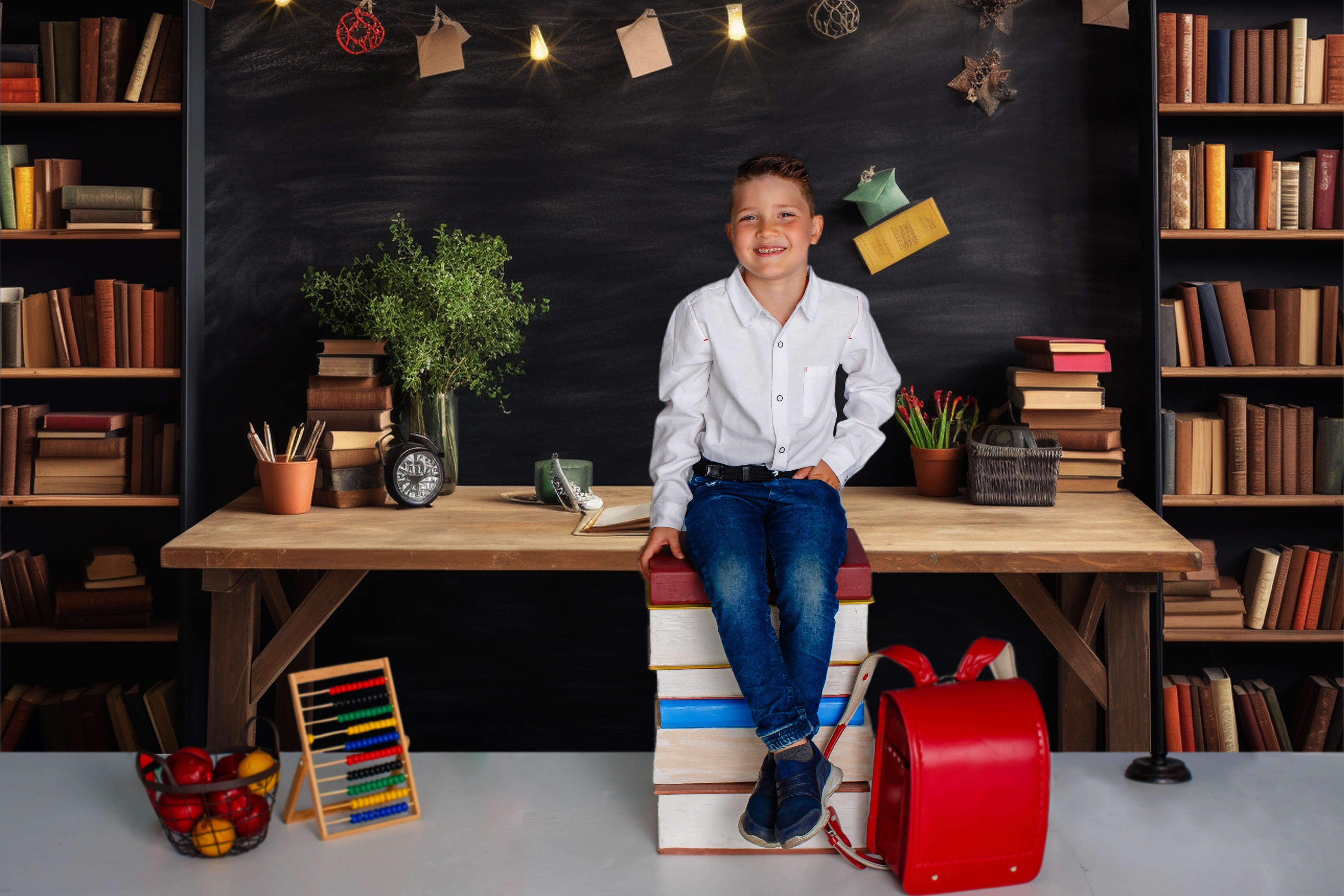 Bookshelf Desk Back to School Theme Backdrop RR6-34