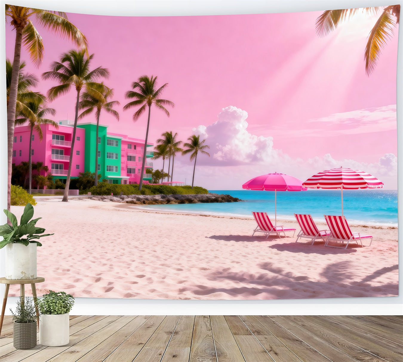 Beach Themed Photo Backdrop Pink Ocean Umbrella Retreat Summer Backdrop RR61-16