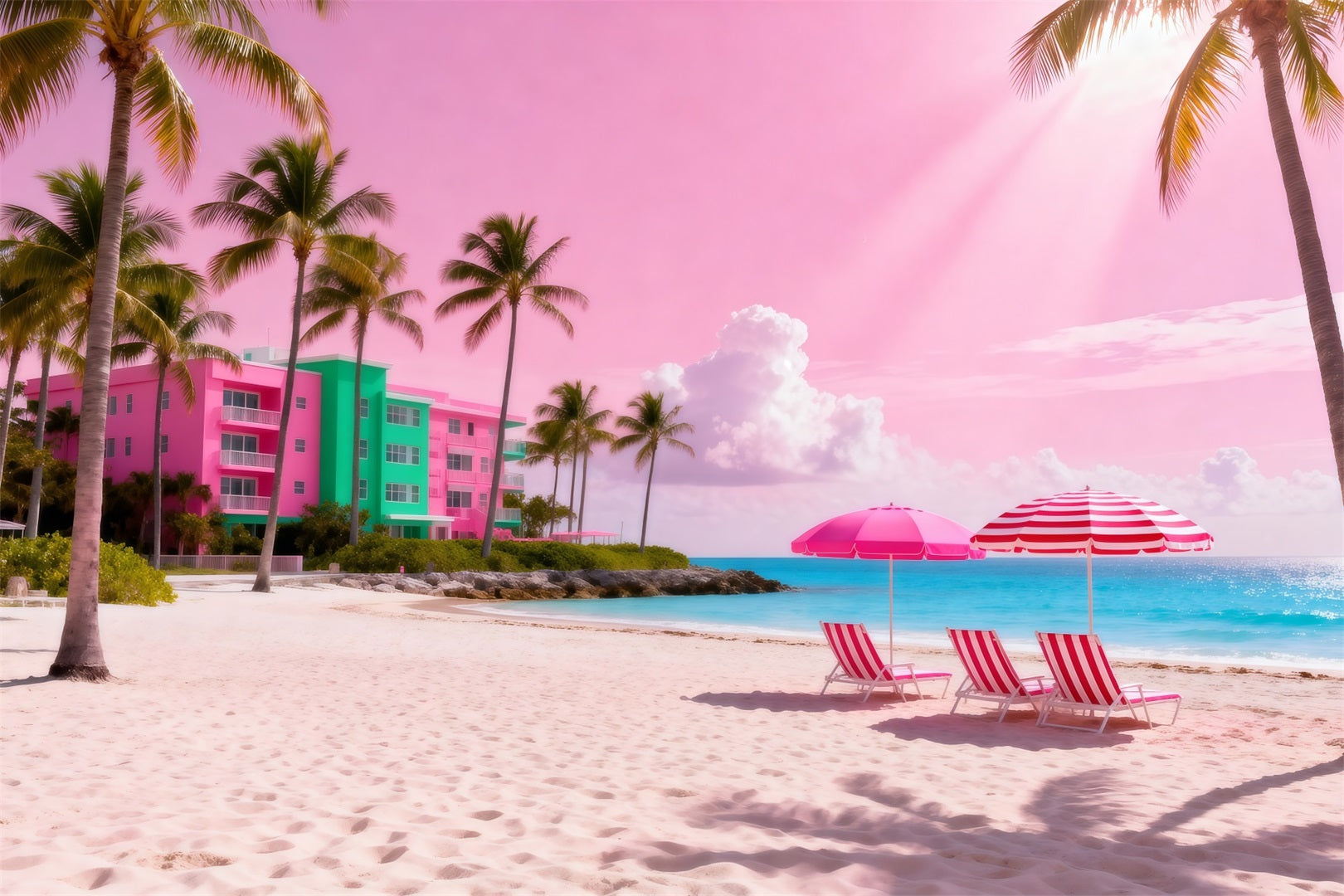 Beach Themed Photo Backdrop Pink Ocean Umbrella Retreat Summer Backdrop RR61-16