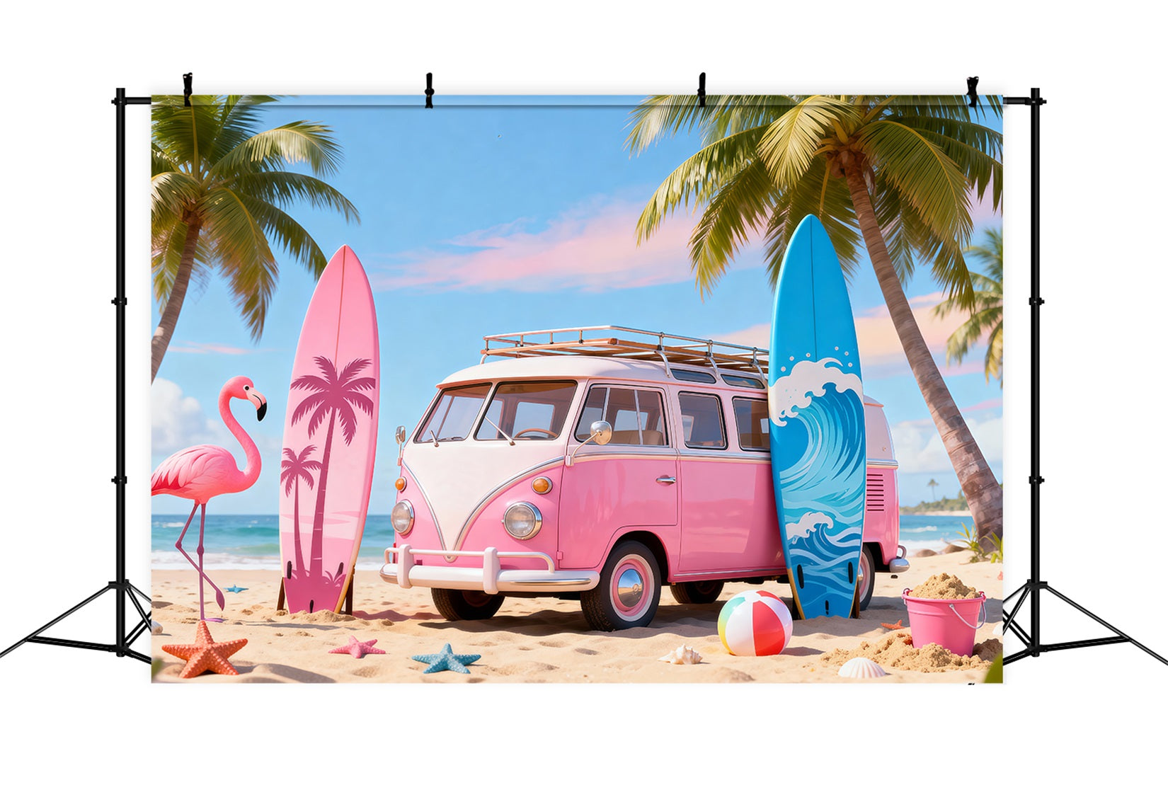 Beach Scene Backdrops Pink Van Flamingo Surfboard Summer Photo Backdrop RR61-19