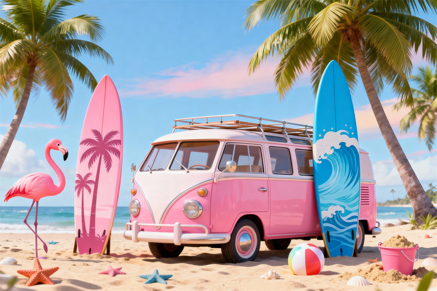 Beach Scene Backdrops Pink Van Flamingo Surfboard Summer Photo Backdrop RR61-19