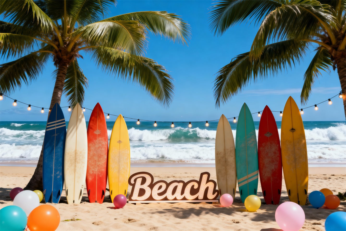 Hawaii Beach Backdrop Colorful Surfboards Balloons Fun Summer Backdrop Ideas RR61-20