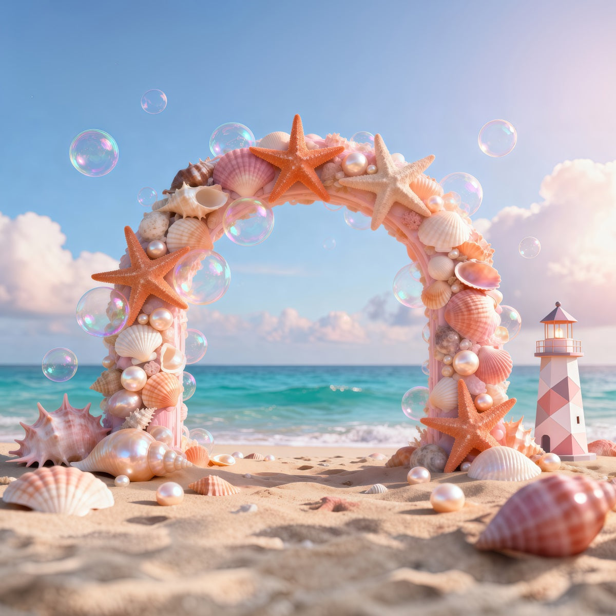 Beach Theme Backdrops Seashell Arch Lighthouse Summer Backdrops Photography RR61-25