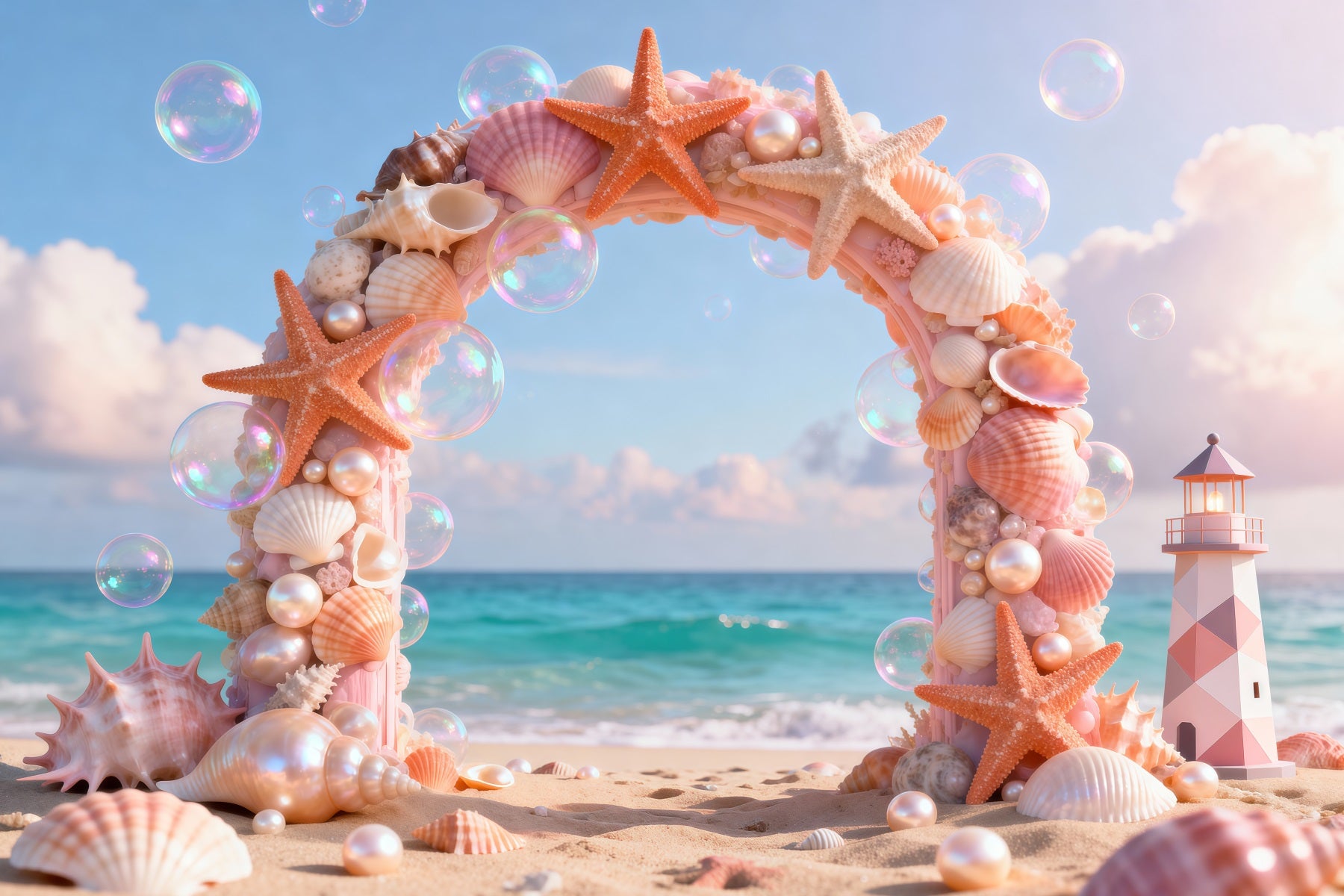 Beach Theme Backdrops Seashell Arch Lighthouse Summer Backdrops Photography RR61-25