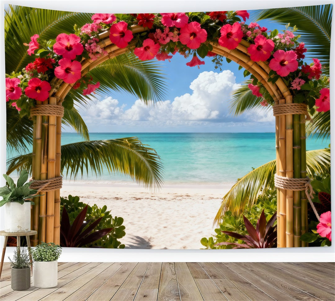 Beach Backdrop Tropical Hibiscus Flower Arch Summer Photography Backdrops RR61-28