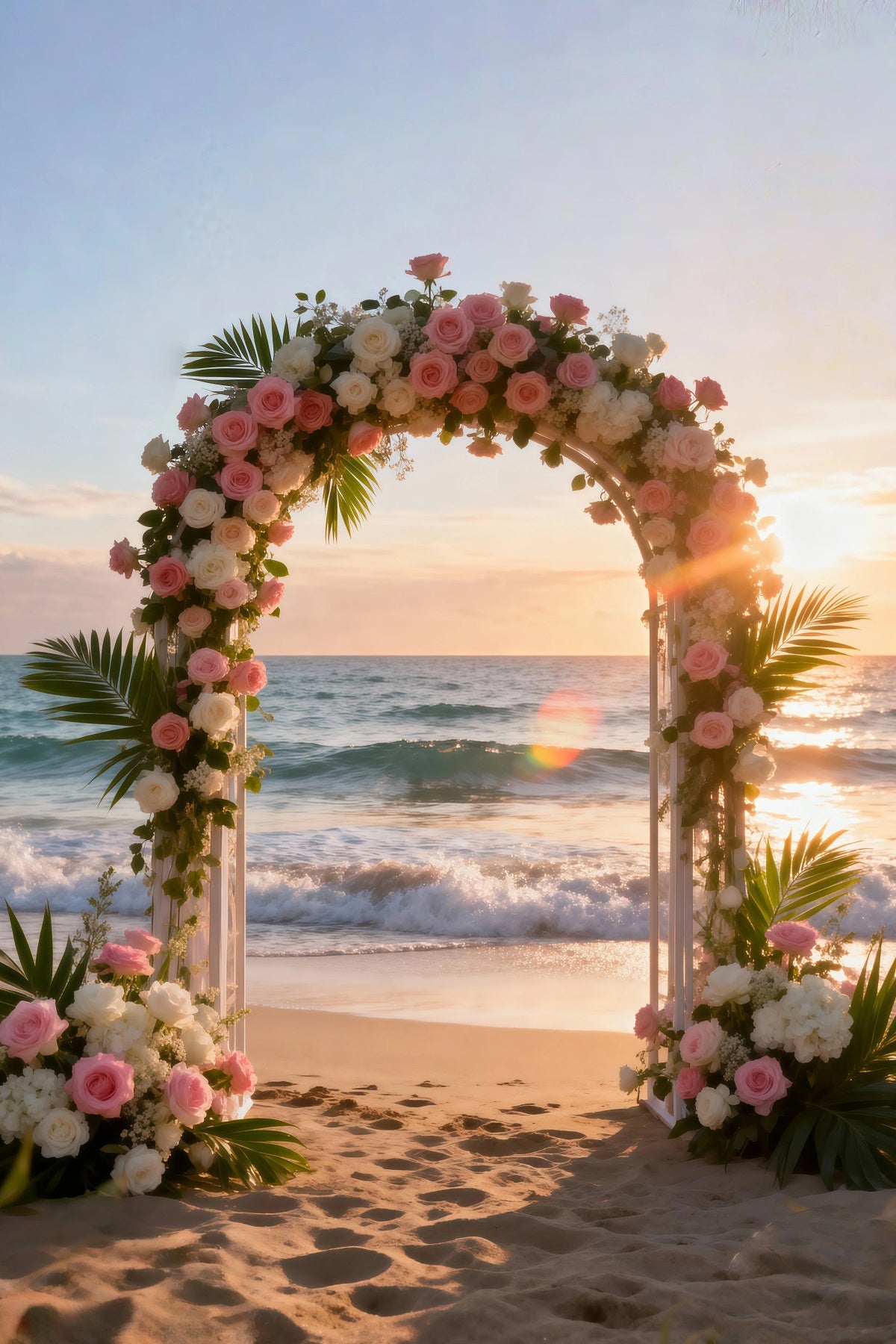 Beach Scene Backdrop Floral Wedding Arch Sunset Summer Photo Booth Backdrop RR61-33