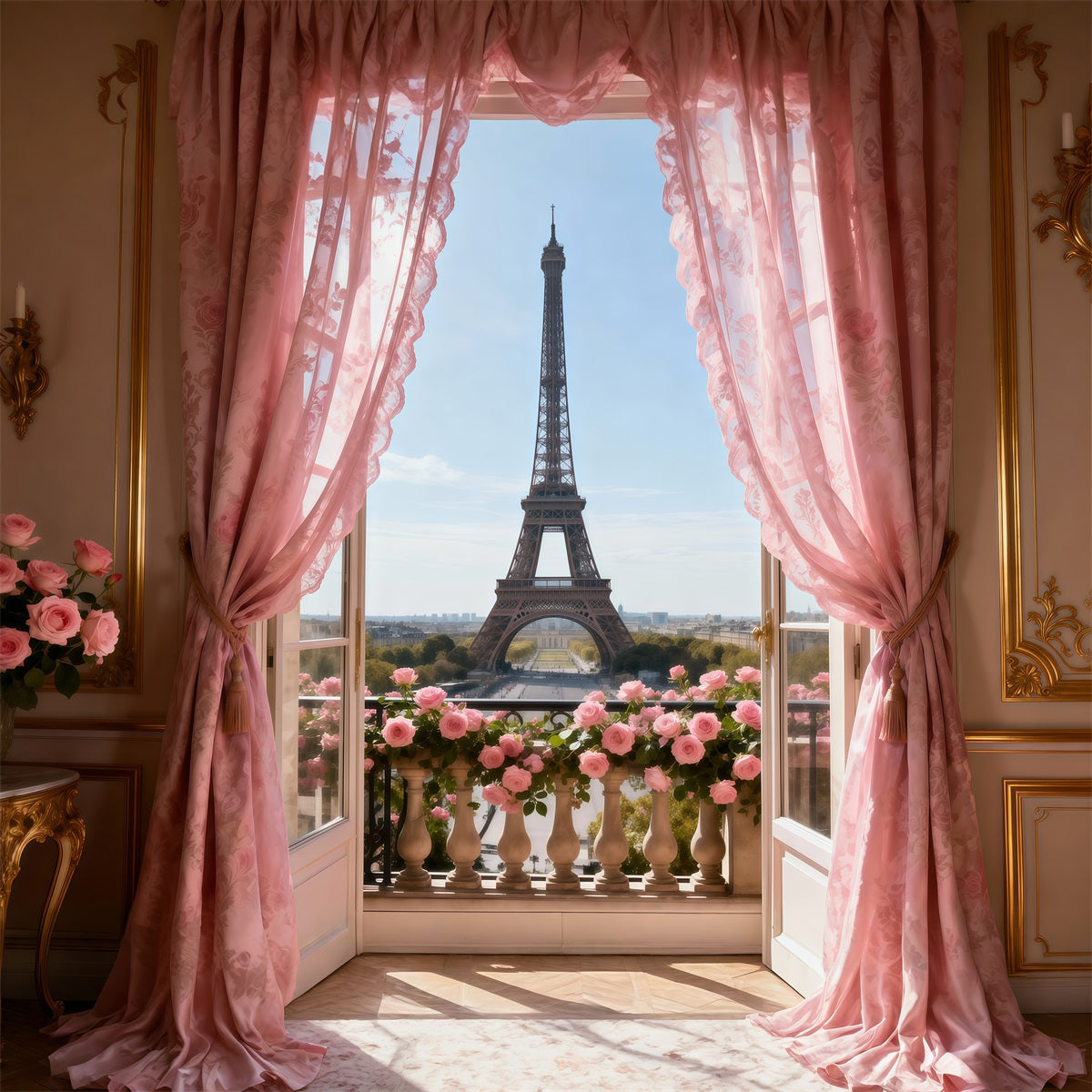 Paris Backdrop Pink Curtain Balcony Romance Eiffel Tower Backdrop RR61-34