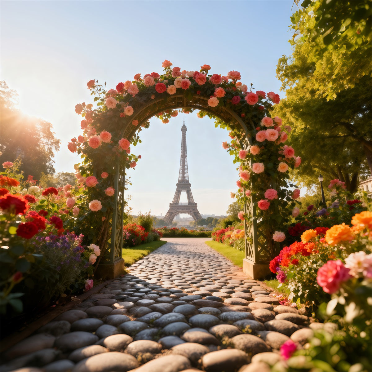 Paris Photo Backdrop Rose Garden Floral Archway Eiffel Tower Photo Backdrop RR61-35