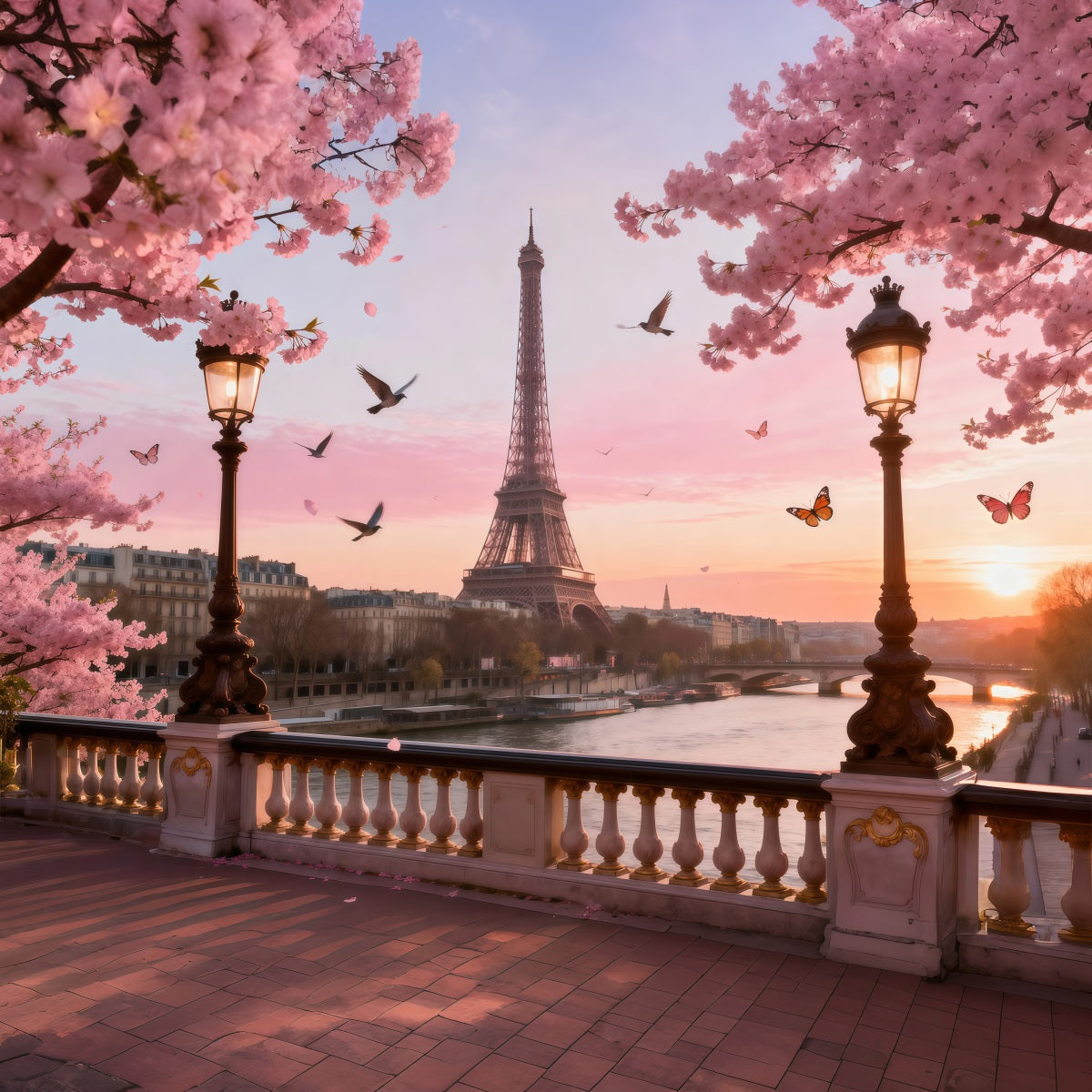 Paris Theme Backdrop Cherry Blossom River Twilight Eiffel Tower Backdrops RR61-36