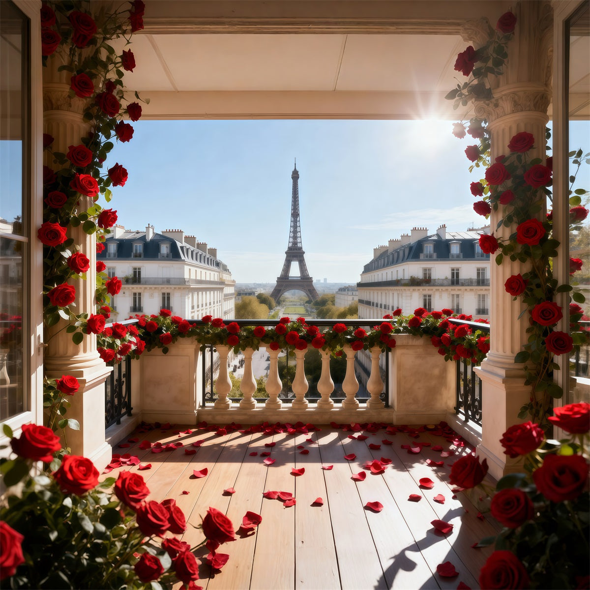 Paris Backdrop For Pictures Red Rose Balcony Romance Eiffel Tower Photography Backdrop RR61-38