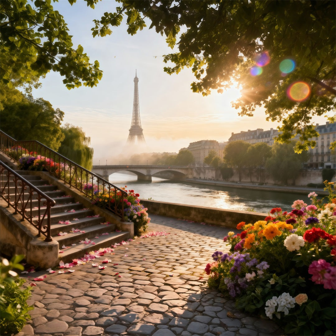 Paris Backdrop Ideas Riverside Garden Sunrise Eiffel Tower Photo Backdrop RR61-41