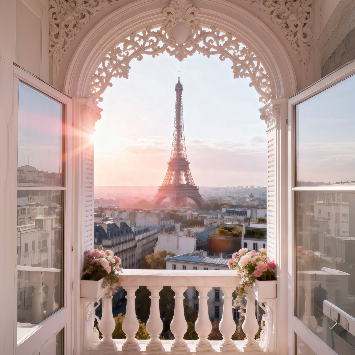 Paris Themed Backdrops Ornate Arch Balcony Sunrise Eiffel Tower Backdrops RR61-42