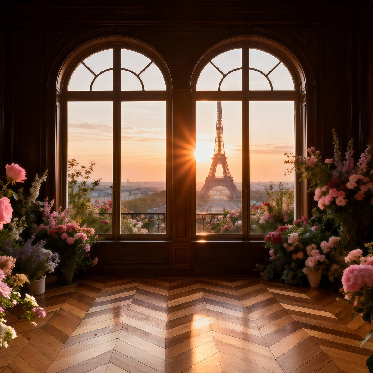Paris Photo Backdrop Golden Window Floral Sunset Eiffel Tower Photo Backdrop RR61-43