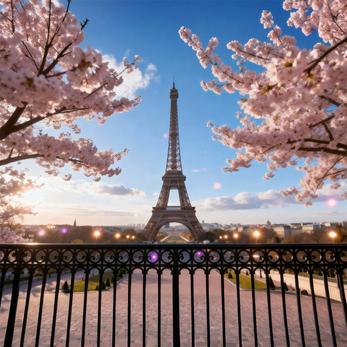 Midnight In Paris Backdrop Cherry Blossom Balcony Twilight Eiffel Tower Backdrop RR61-46