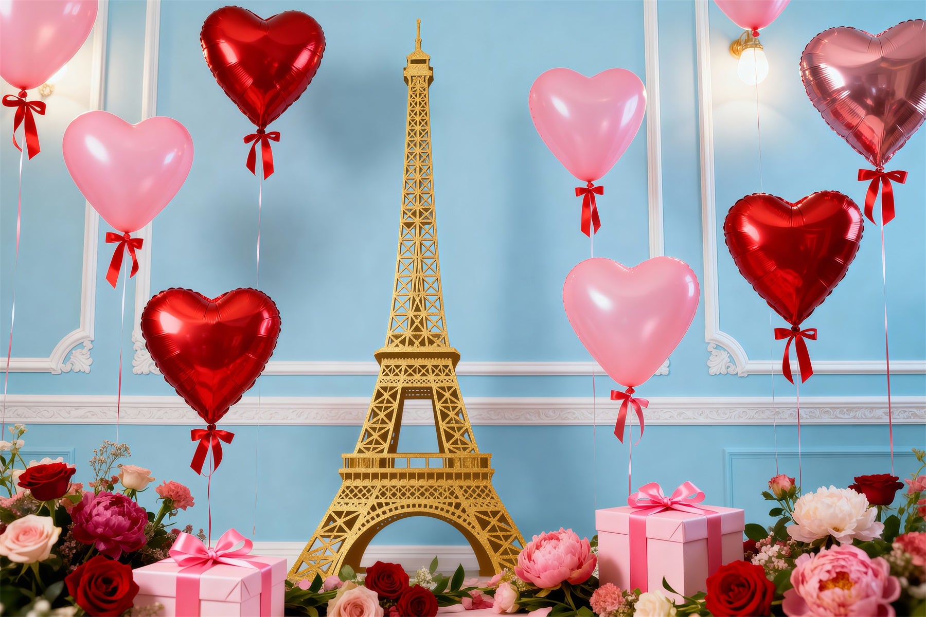Evening In Paris Backdrop Heart Balloon Gift Celebration Eiffel Tower Backdrops RR61-48
