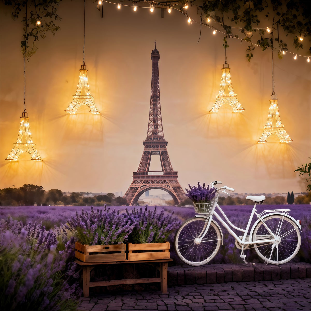 Eiffel Tower Photography Backdrop Lavender Field Bicycle Glow Paris Themed Backdrops RR61-51