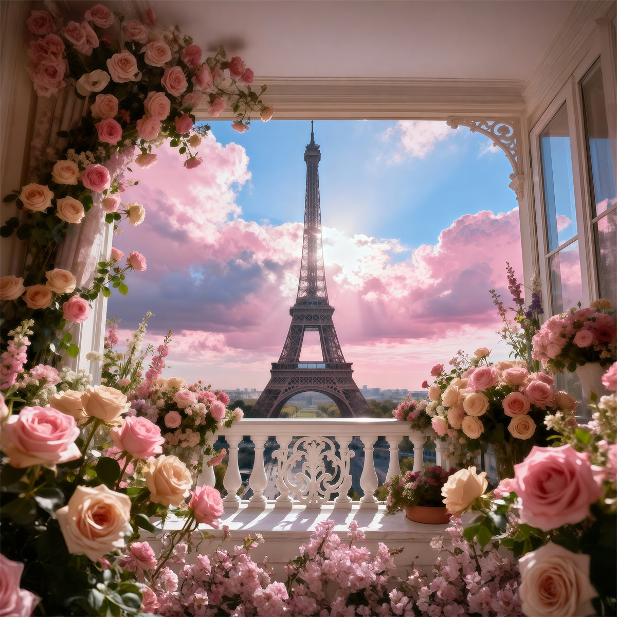 Paris Photo Backdrop Pastel Balcony Garden Sky Eiffel Tower Photography Backdrop RR61-53