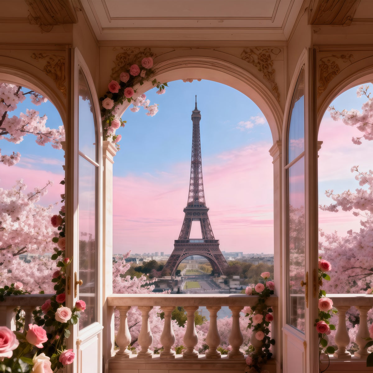 Eiffel Tower Photo Backdrop Blossom Balcony Pastel Morning Paris Backdrop For Pictures RR61-54