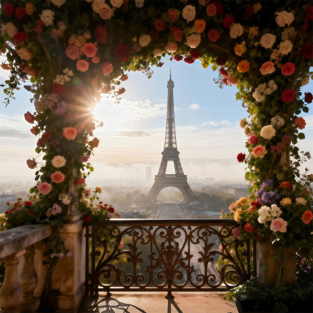 Eiffel Tower Backdrops Sunlit Floral Arch Terrace Paris Photo Booth Backdrop RR61-55