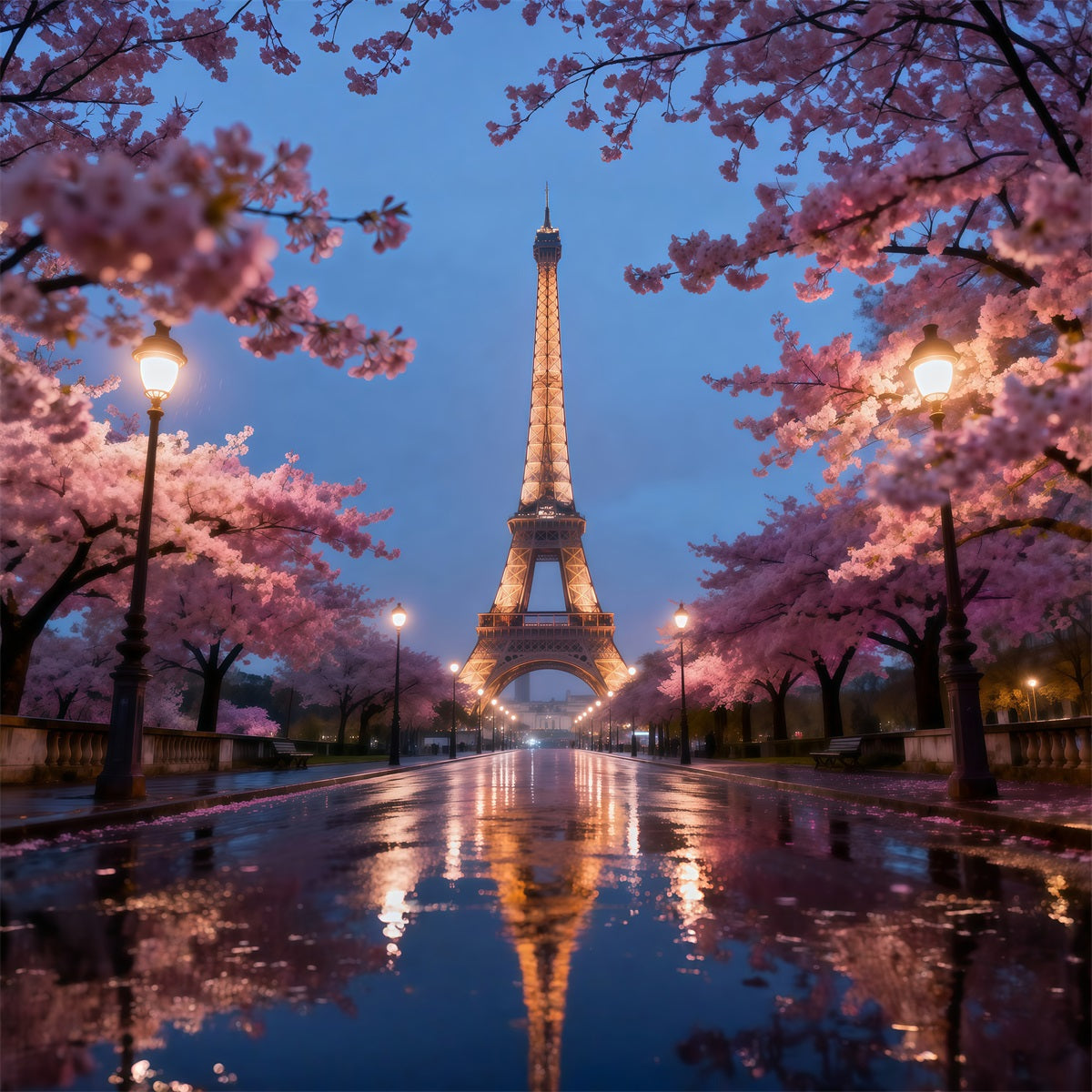 Midnight In Paris Backdrop Cherry Blossom Evening Promenade Eiffel Tower Backdrops RR61-57