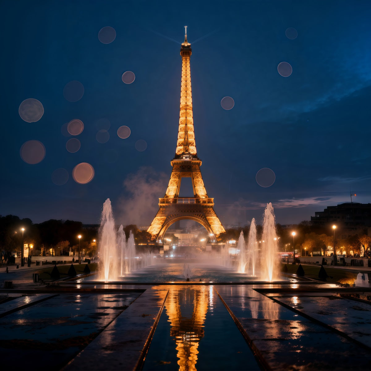 Paris Photo Backdrop Midnight Fountain Golden Reflection Eiffel Tower Backdrops RR61-58