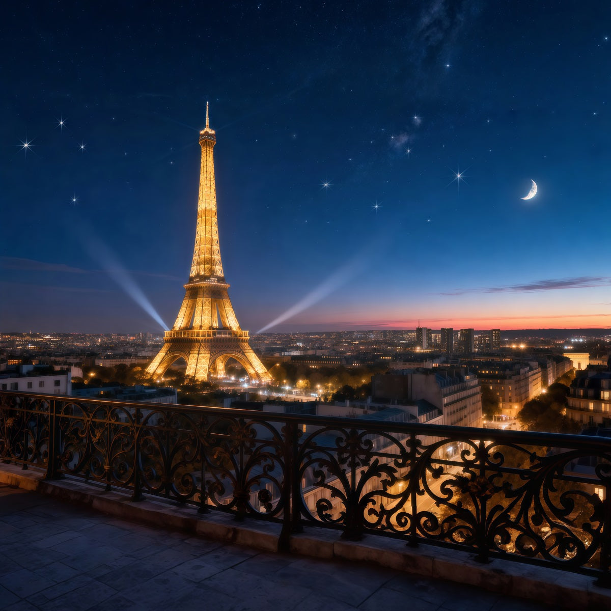 Midnight In Paris Backdrop Starry Skyline Moonlight Glow Eiffel Tower Photo Backdrop RR61-59