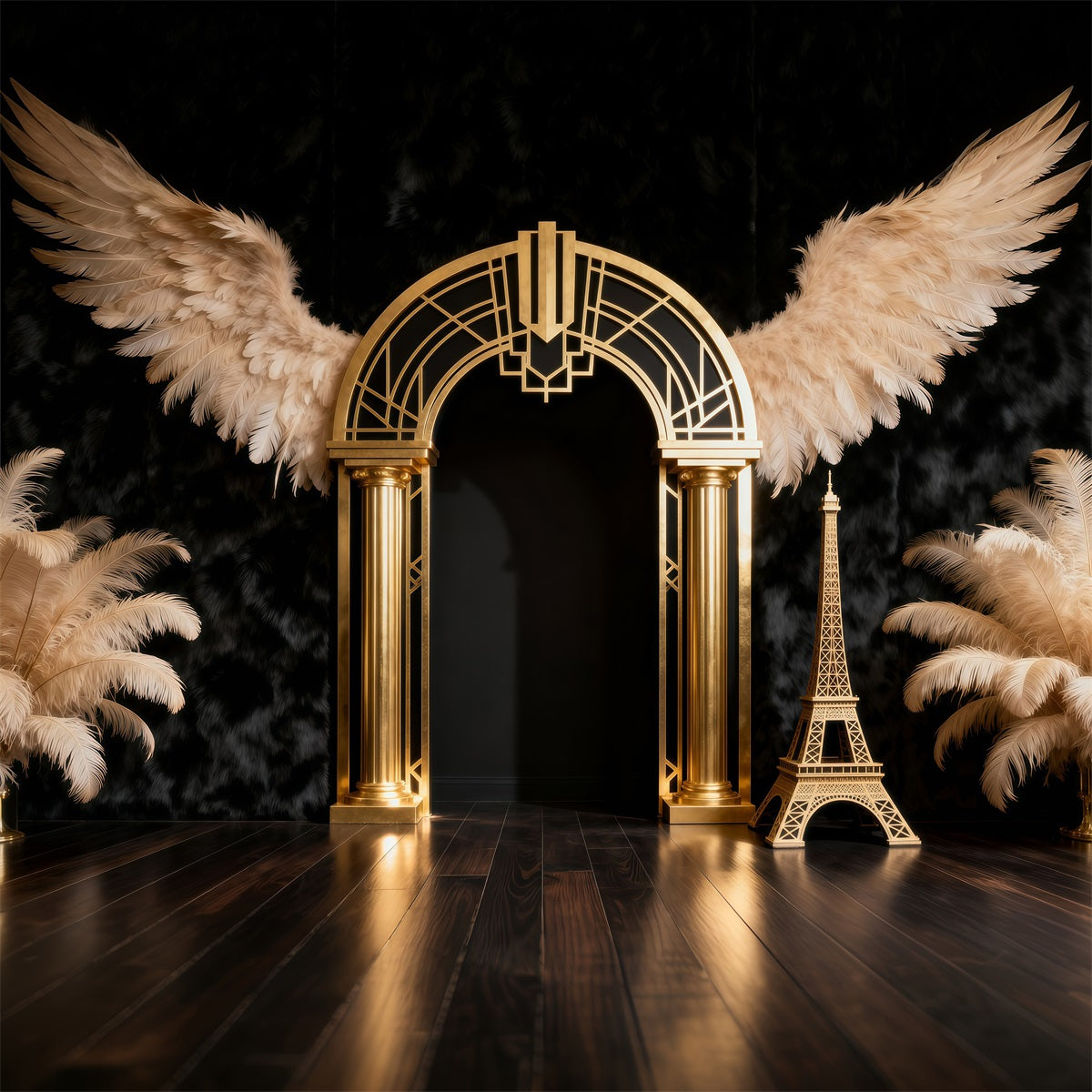 Paris Backdrops Golden Feather Art Arch Eiffel Tower Photography Backdrop RR61-60