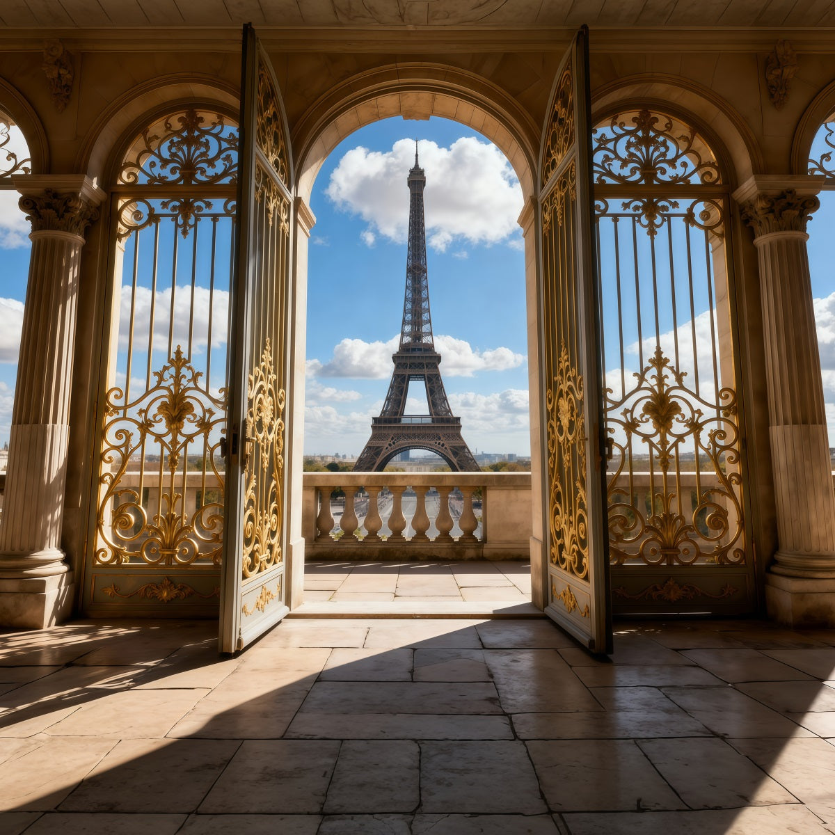 Paris Themed Backdrop Golden Palace Archway Balcony View Eiffel Tower Backdrops RR61-62