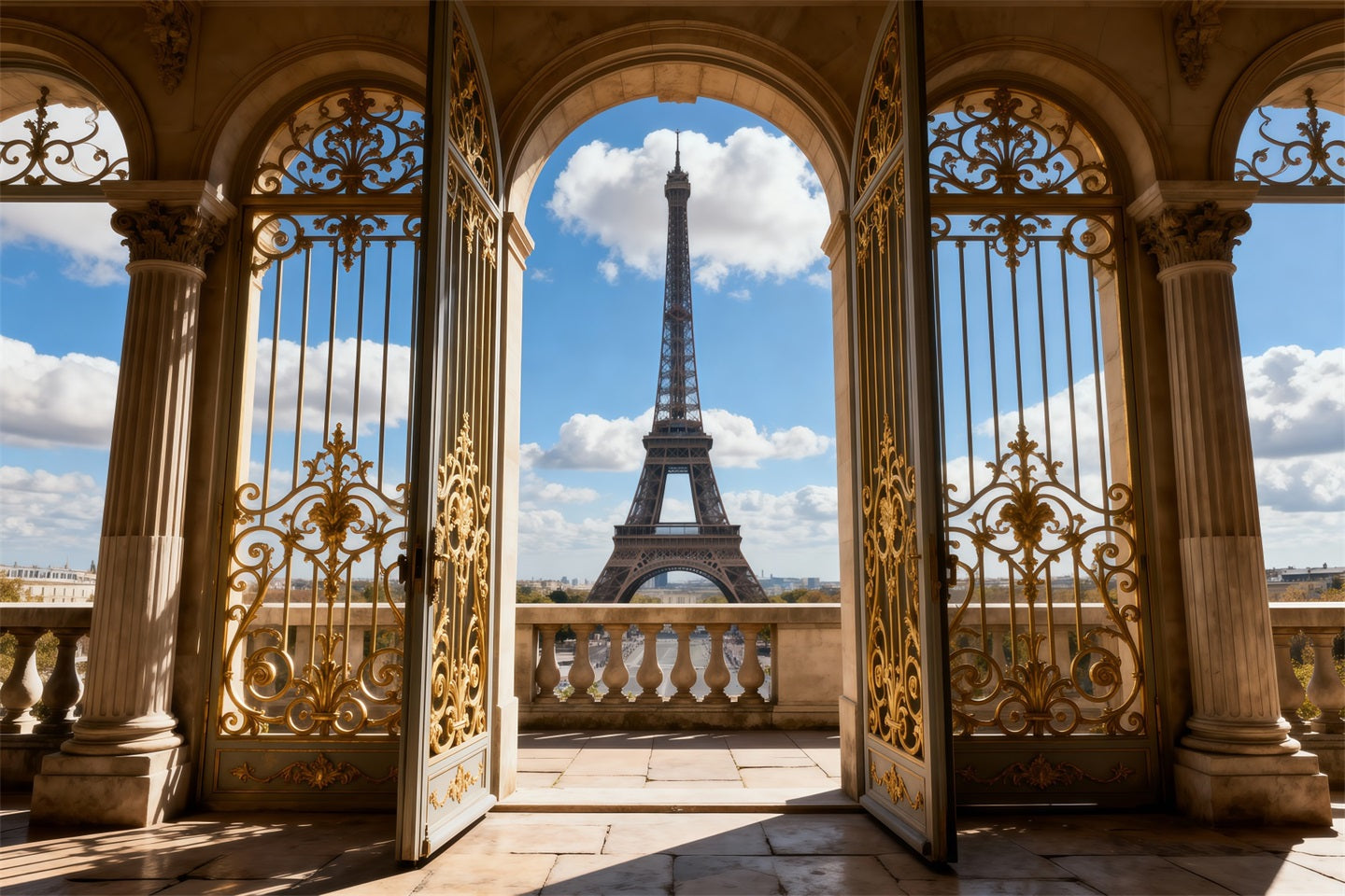 Paris Themed Backdrop Golden Palace Archway Balcony View Eiffel Tower Backdrops RR61-62